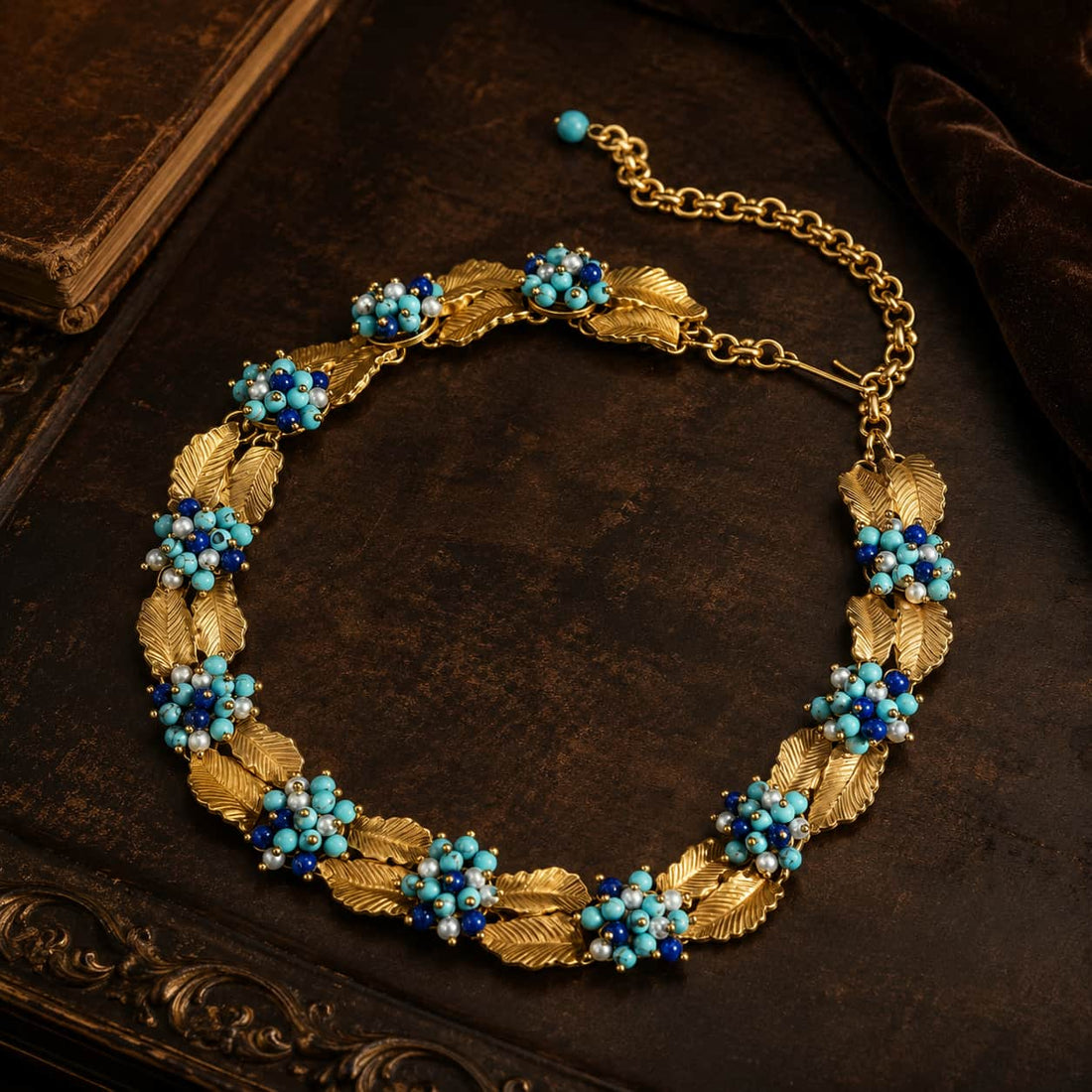 Turquoise leaf statement necklace with sculpted gold-tone links