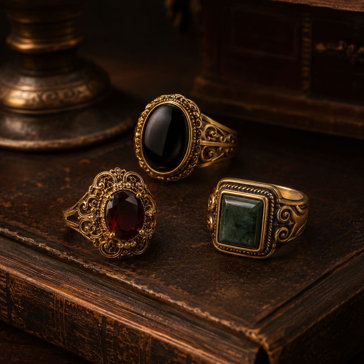 Vintage-inspired antique gold statement rings displayed on a dark leather book with dark academia luxury styling