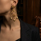 Styling 1980s runway-inspired bold gold rose dangle earrings with a tailored blazer.