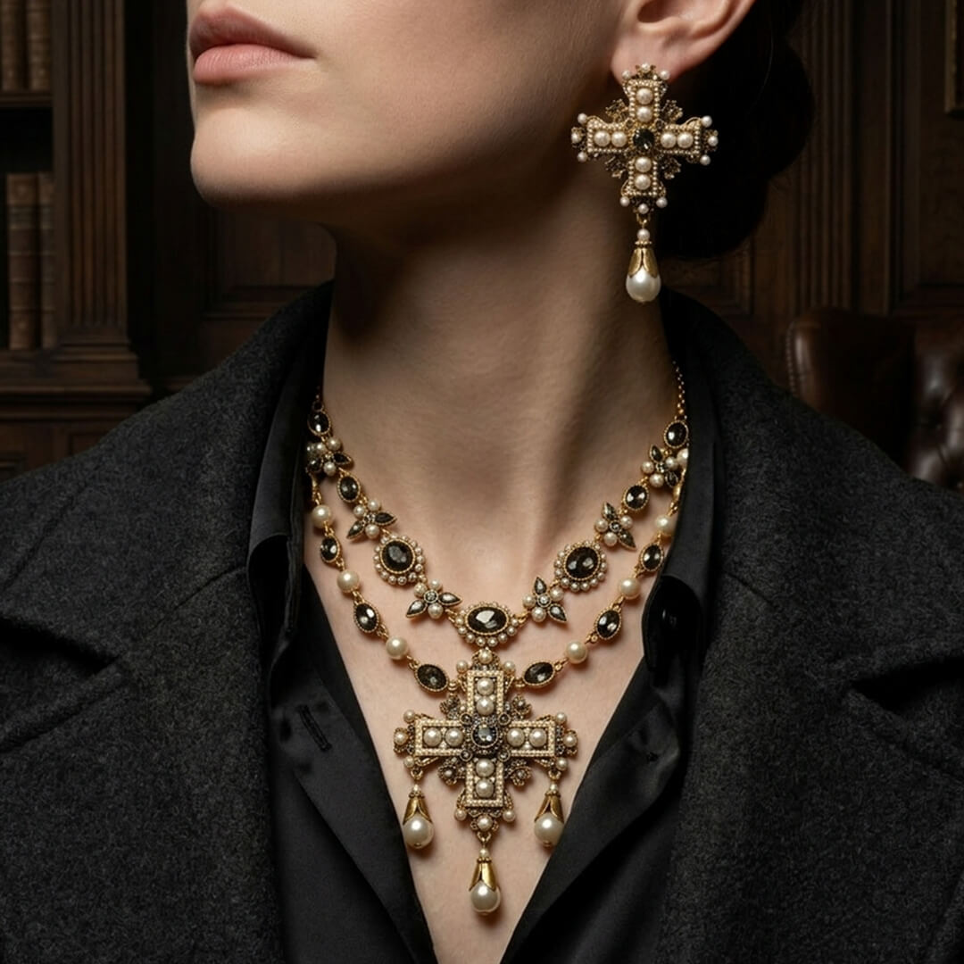 Styling a 1980s runway-inspired baroque cross necklace and earrings set with a tailored black blazer.