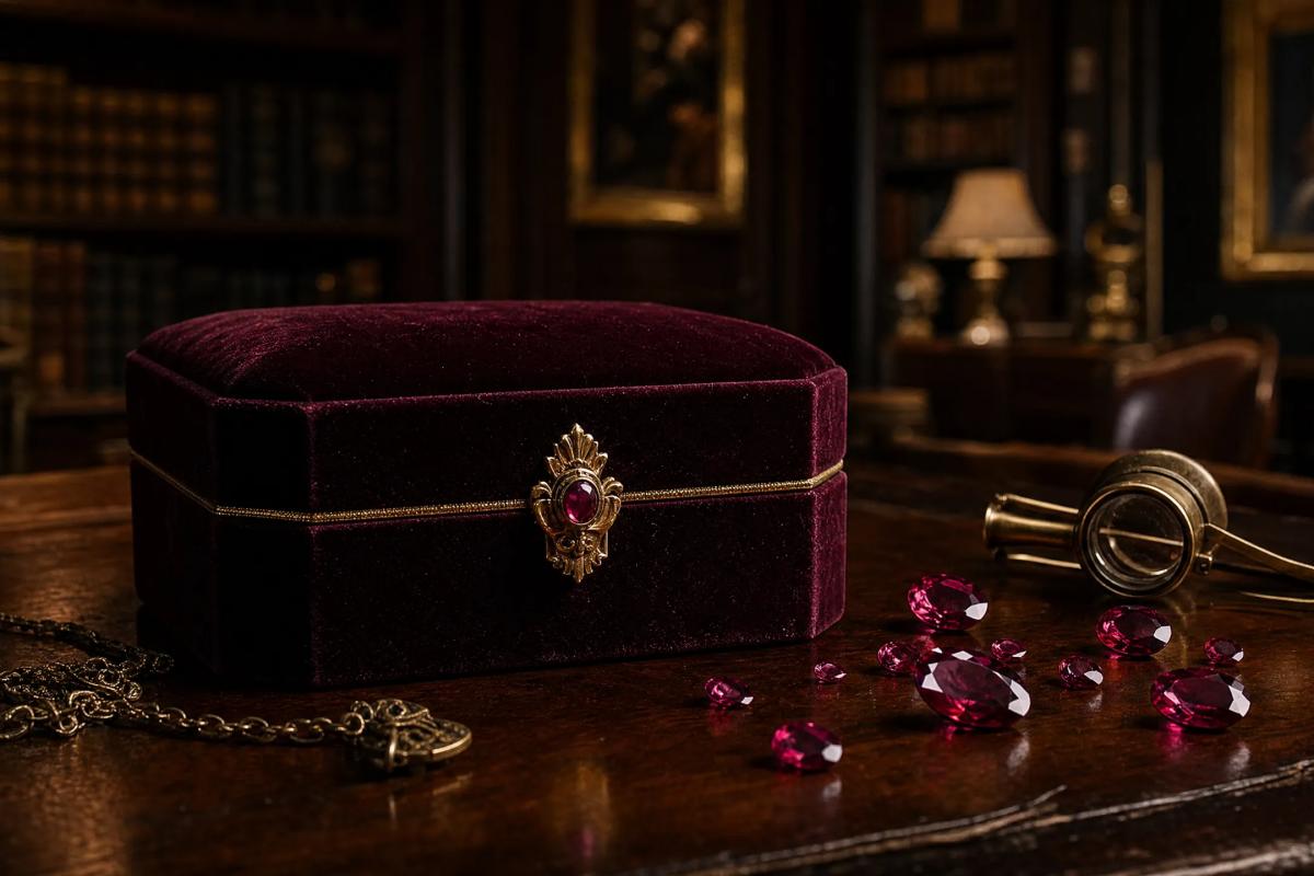 DUSKCAST velvet jewelry pouch in a dark vintage studio setting