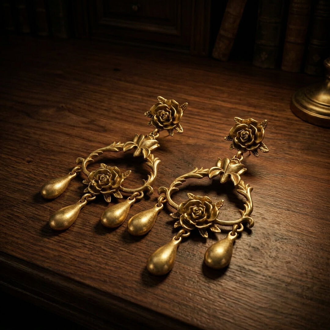 Vintage-inspired gold rose statement earrings resting on dark wood, showing intricate floral craftsmanship.
