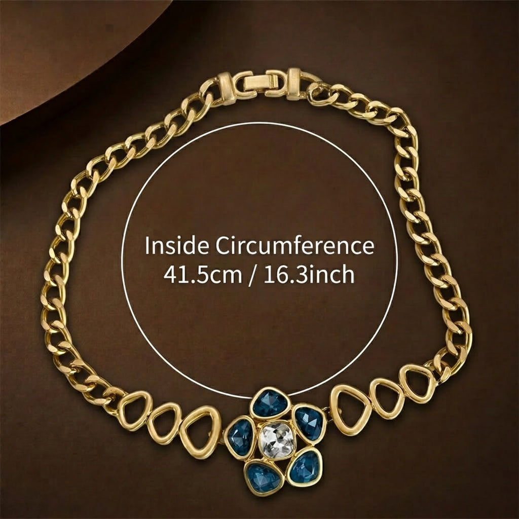 Alt Text: Dimension guide for the vintage-inspired azure statement necklace showing an inside circumference of 41.5cm or 16.3 inches.