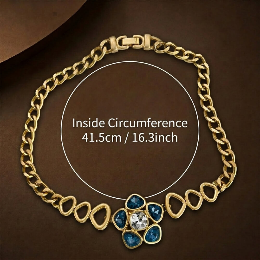 Alt Text: Dimension guide for the vintage-inspired azure statement necklace showing an inside circumference of 41.5cm or 16.3 inches.