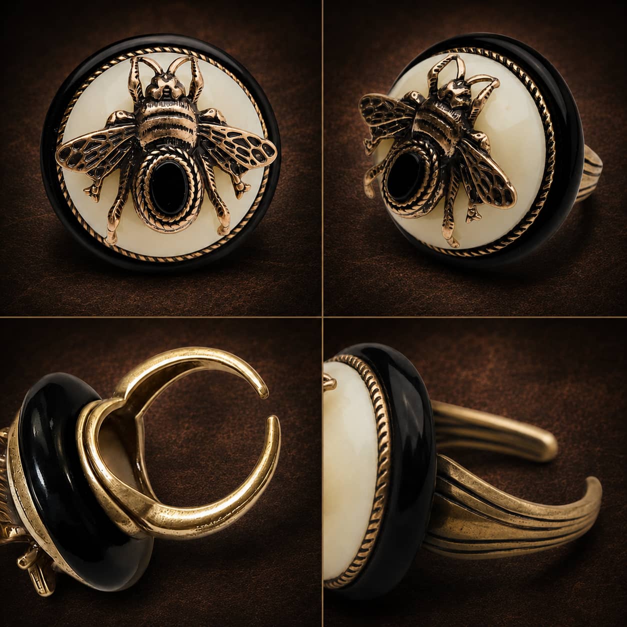 Detailed views of a Retro Style bee cameo ring showing the adjustable open band and raised bee motif.