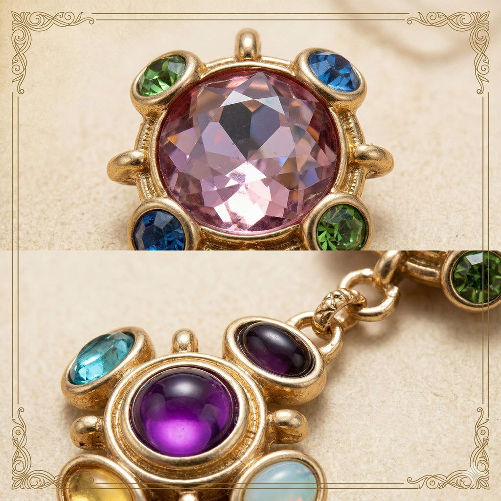 Close up of high-quality colorful resin gems on vintage style gold plated statement earrings.
