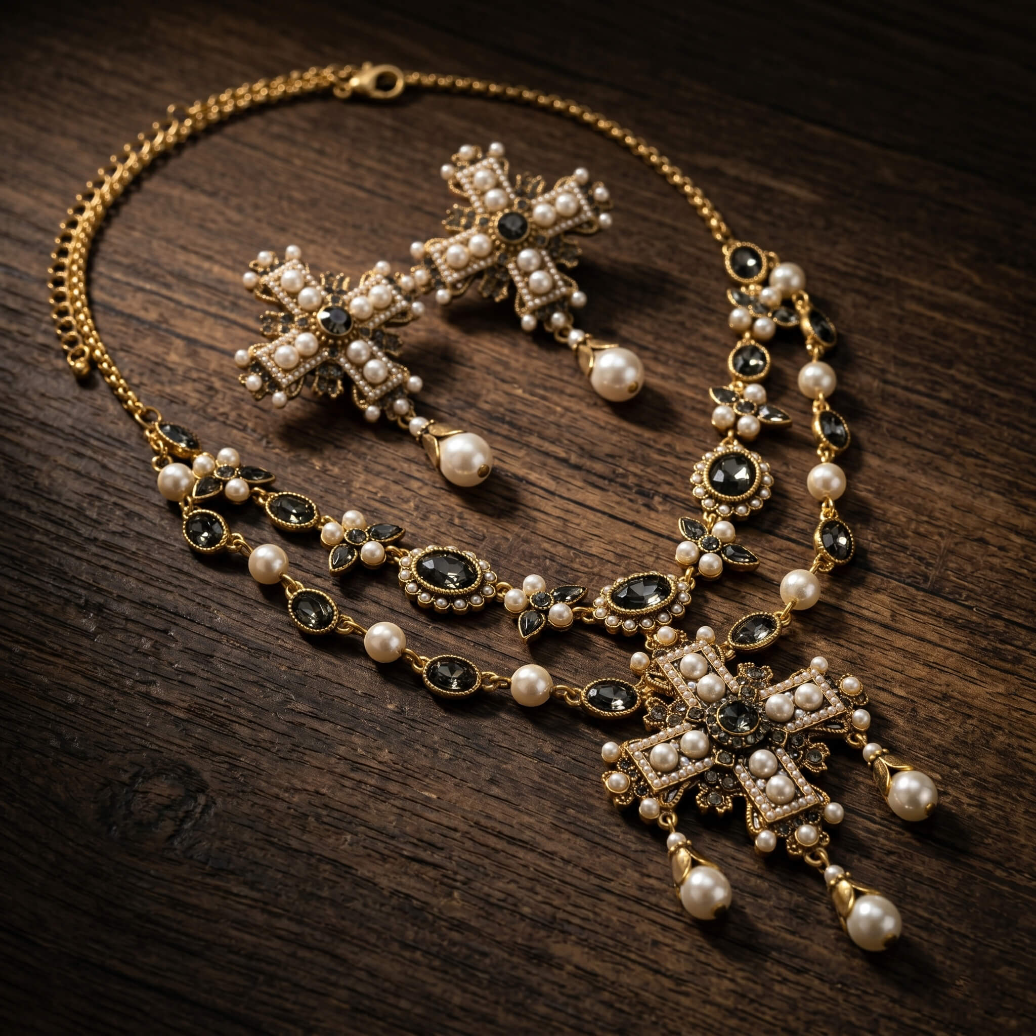 Vintage-inspired pearl and dark stone cross necklace and earrings resting on dark wood, dark academia jewelry.