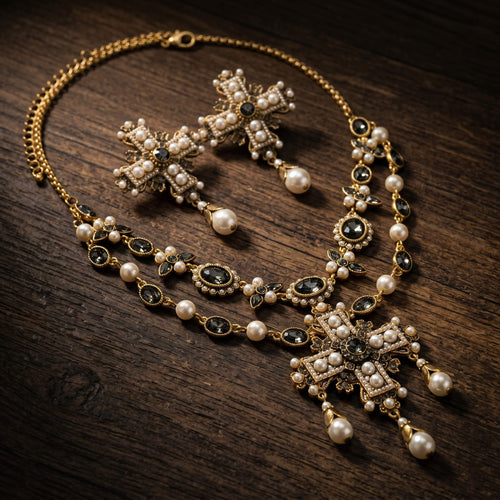 Vintage-inspired pearl and dark stone cross necklace and earrings resting on dark wood, dark academia jewelry.