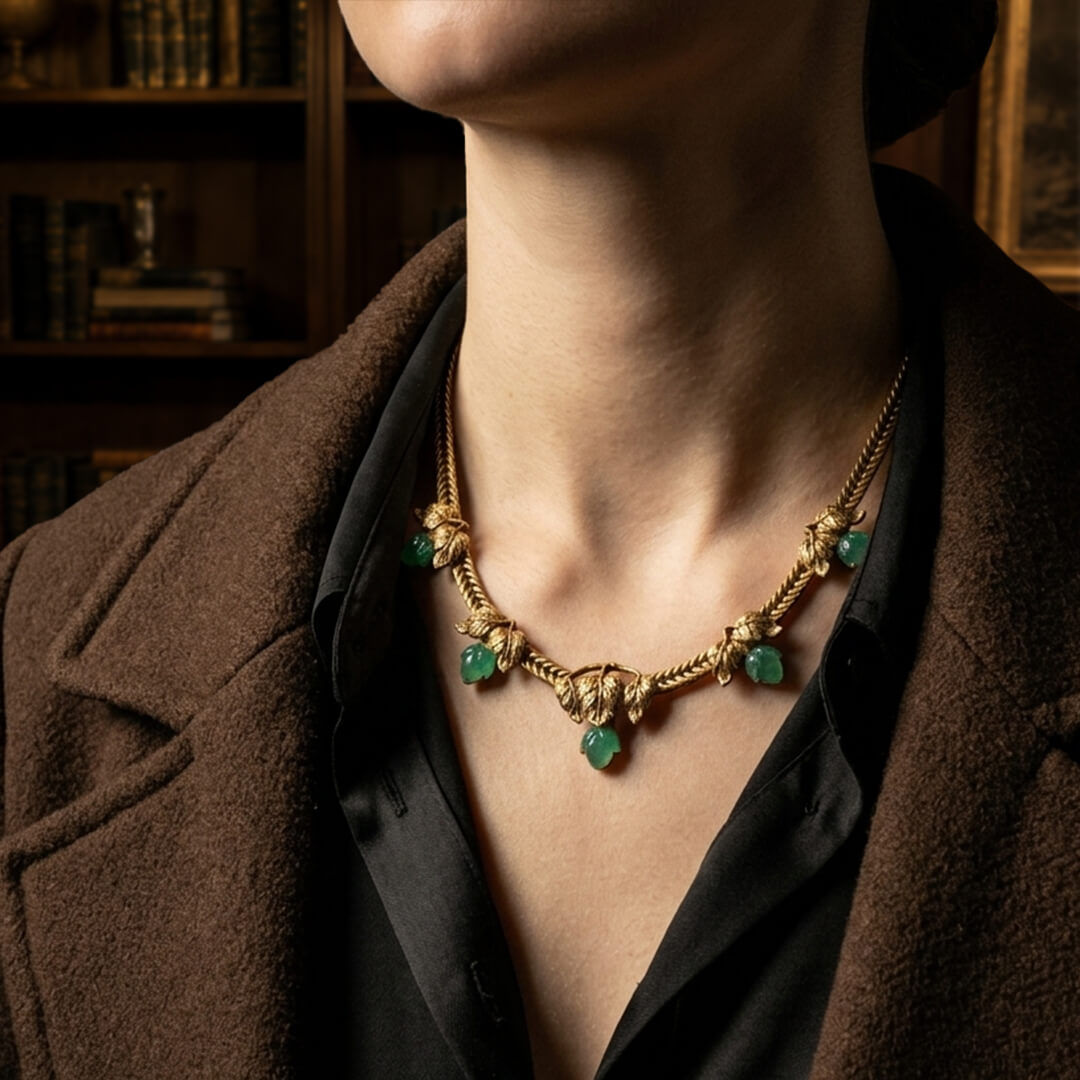 Close-up of a vintage-style gold woven chain necklace featuring emerald green cabochon drops.