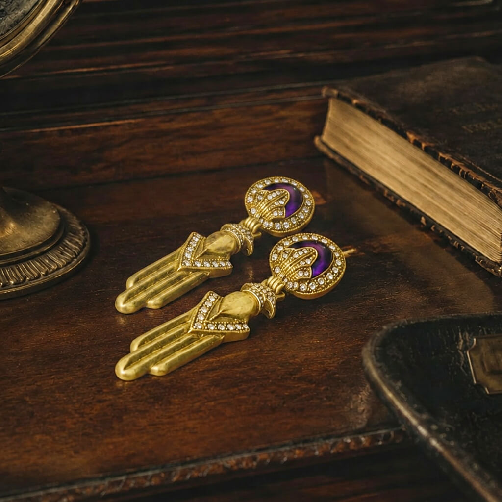 Vintage-inspired antiqued gold and purple stone earrings resting on dark wood next to an antique book.