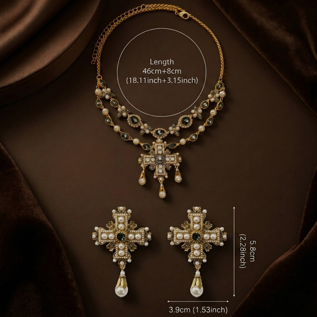 Dimensions and size chart for the vintage-inspired pearl cross jewelry set.