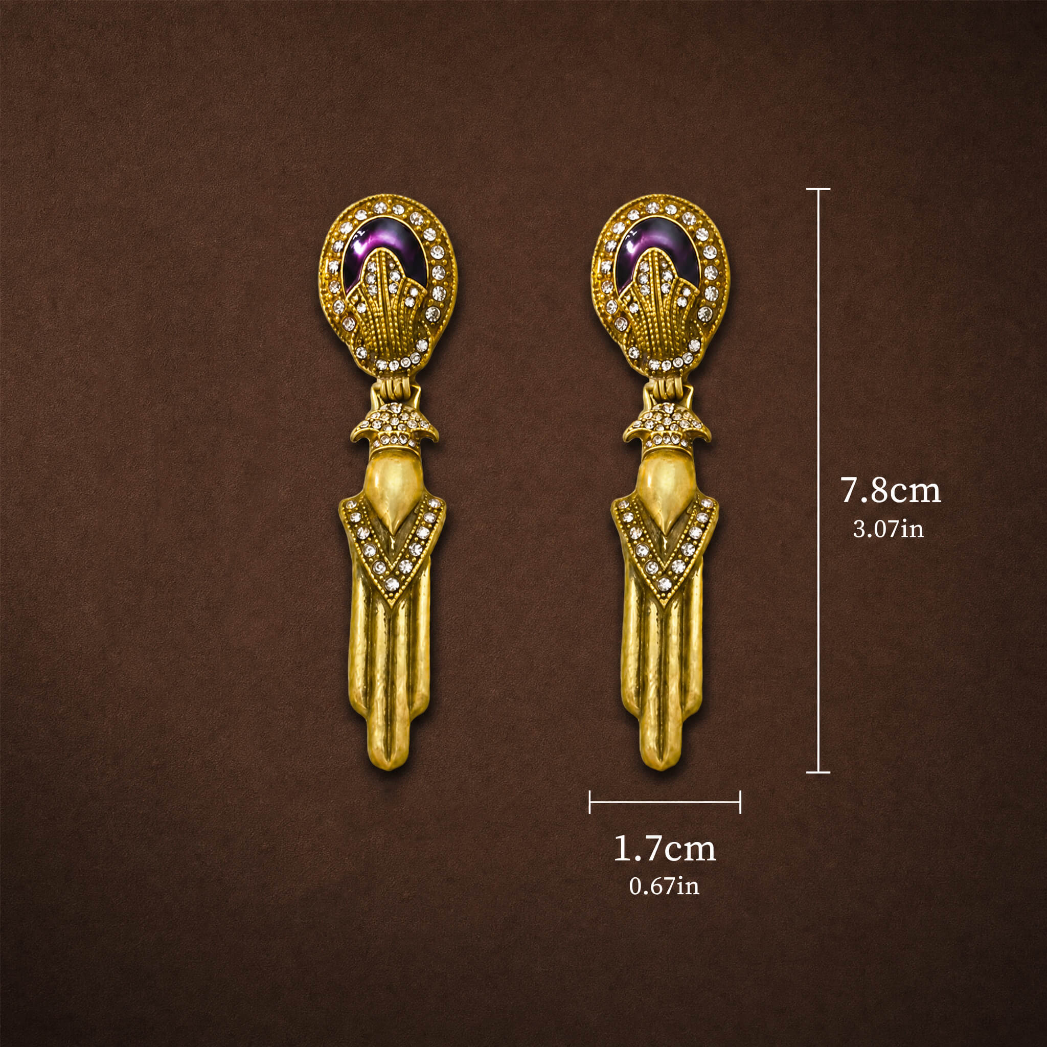 Dimensions and size chart for the vintage-inspired statement drop earrings, length 7.8 centimeters.