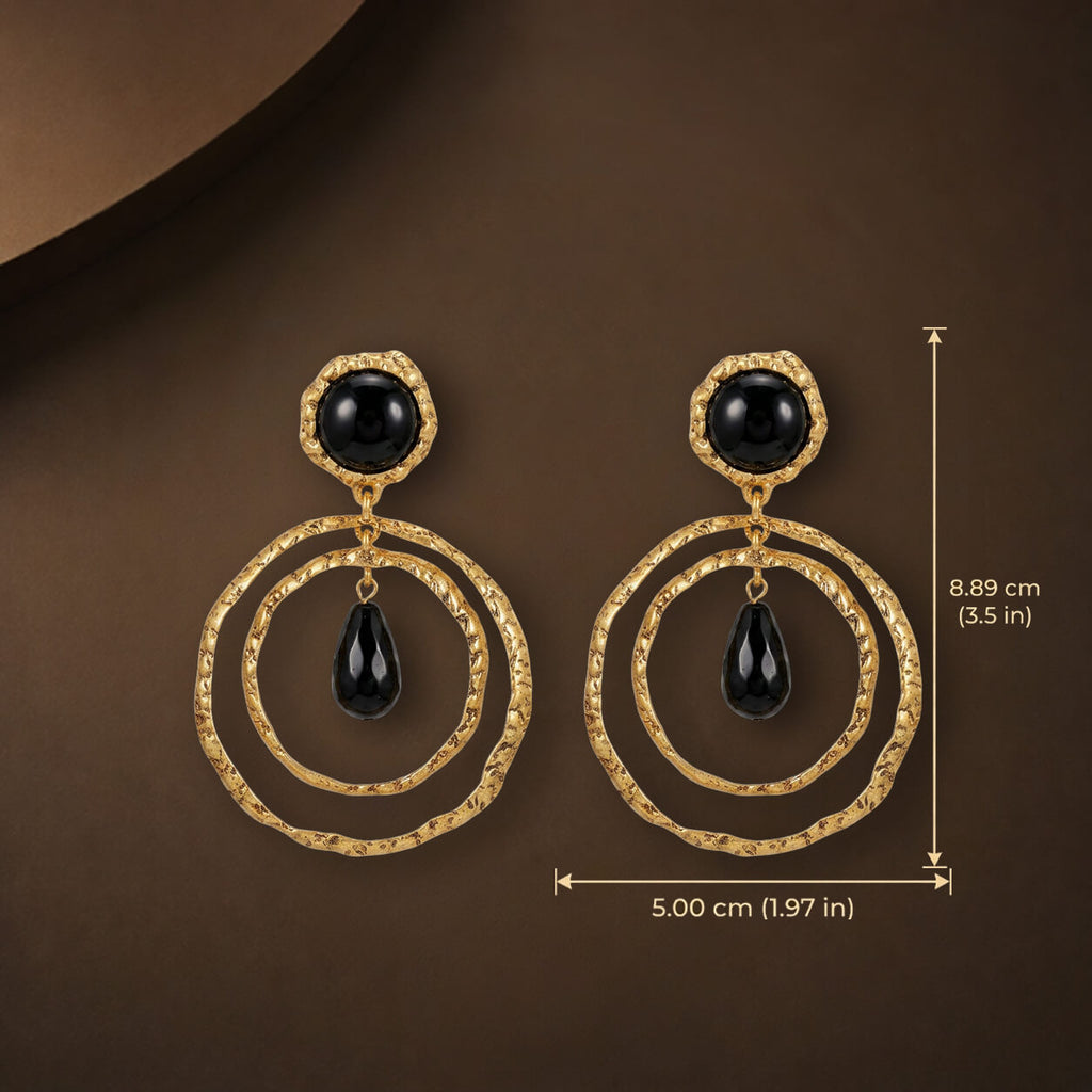 Dimensions and size chart for the vintage-inspired black teardrop gold earrings, length 3.5 inches.