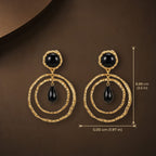 Dimensions and size chart for the vintage-inspired black teardrop gold earrings, length 3.5 inches.