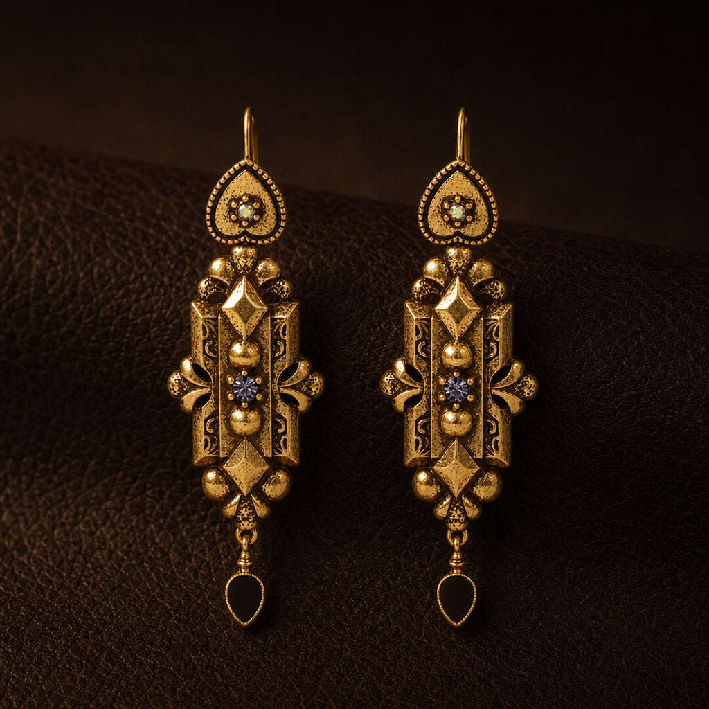 Front view of Duskcast Victorian gold filigree drop earrings with black teardrops.