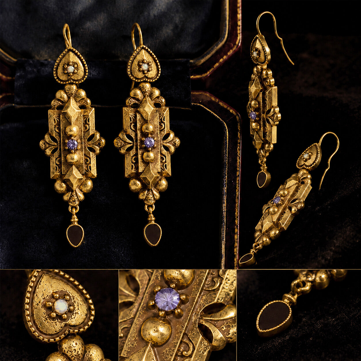 Intricate filigree details of the Victorian revival drop earrings.