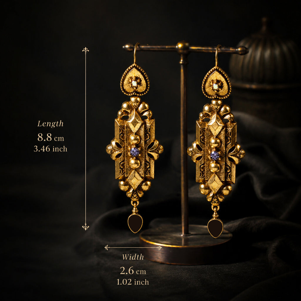 Dimensions of the Victorian drop earrings showing 8.8cm length.