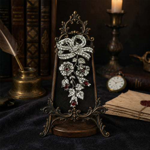 The Empress Bow vintage-inspired silver and ruby-hued crystal statement brooch displayed on an antique bronze easel.