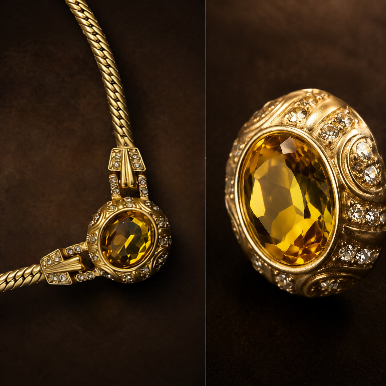 Close-up details of the textured retro gold plated snake-bone chain and faceted amber crystal earring from Duskcast Studio.