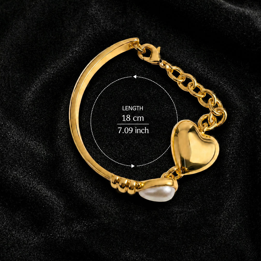 Sizing and length dimensions of the Duskcast vintage-inspired twin heart bracelet.