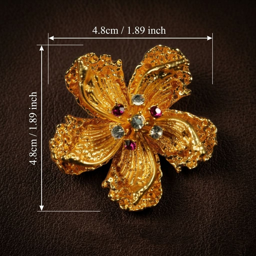Vintage-Inspired gold alloy floral brooch with zircon accents, 4.8 cm size reference