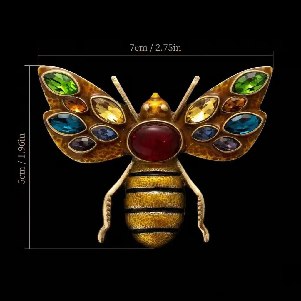 Vintage-Inspired gold copper alloy honeybee brooch with synthetic gemstones, 7 cm by 5 cm size reference