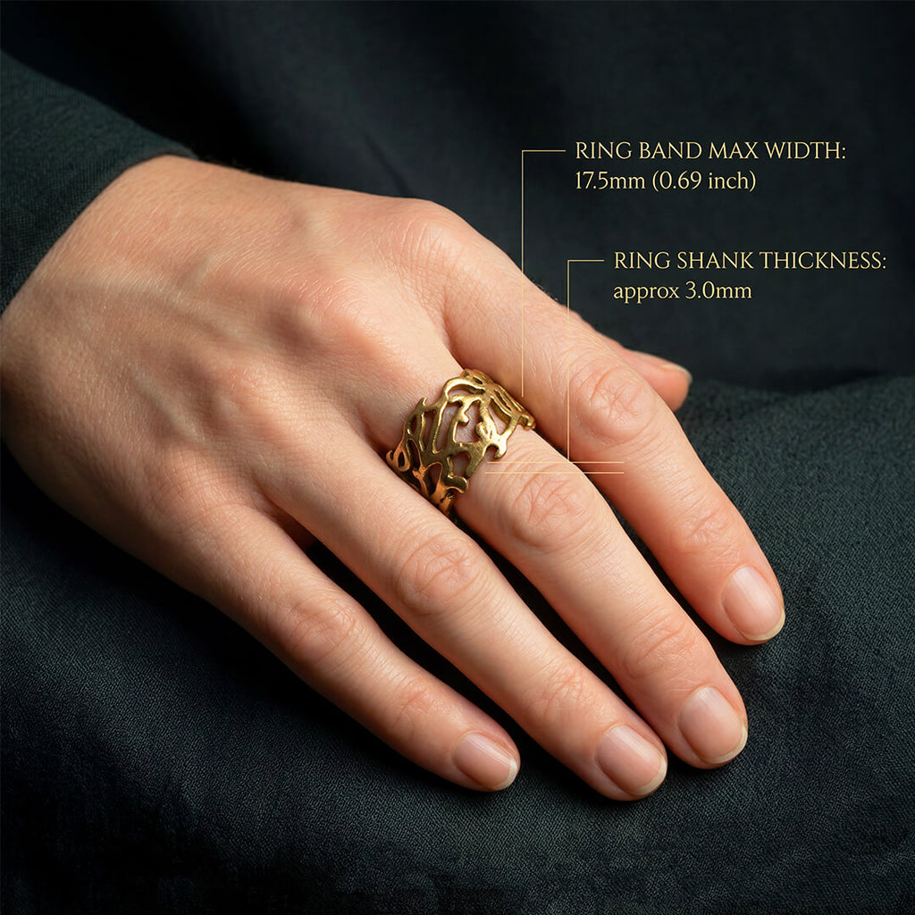 Dimensions of the chunky gold vine ring, 17.5mm width and 3.0mm thickness.