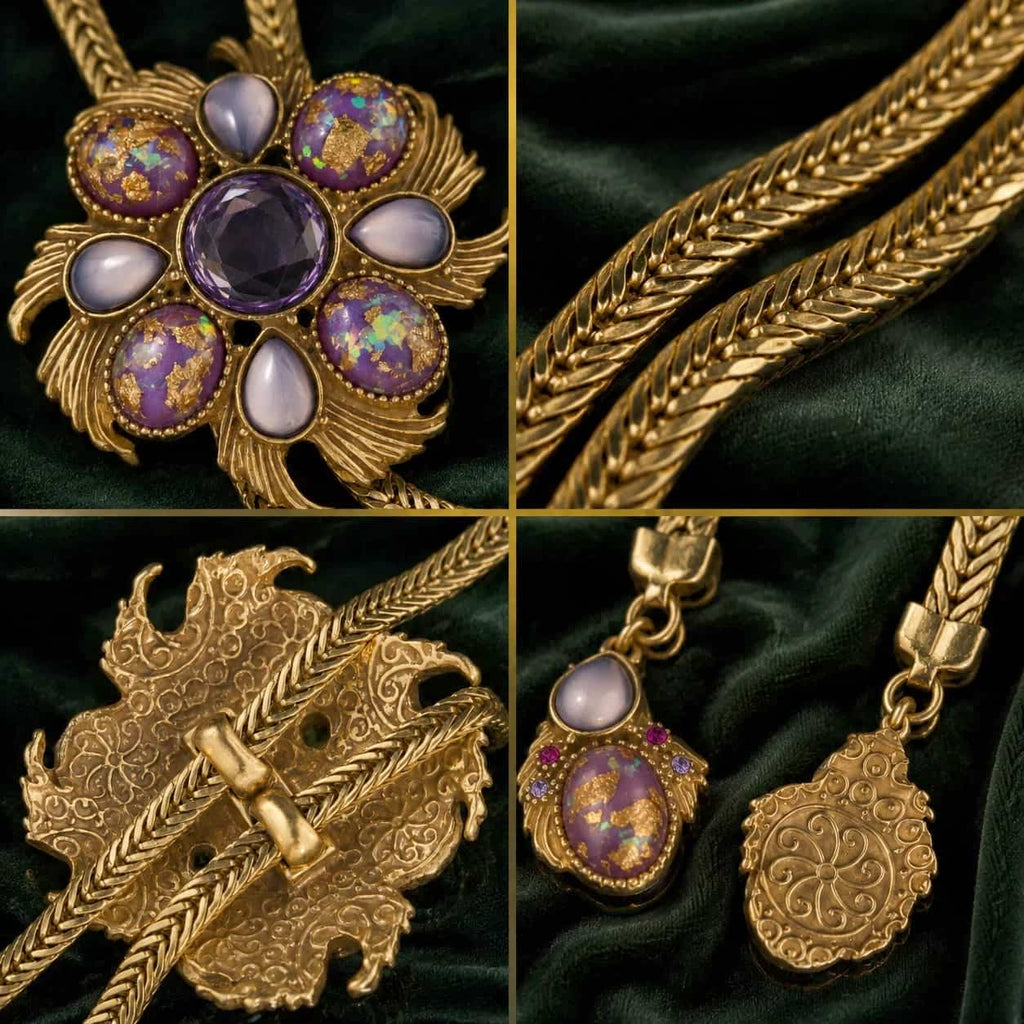 Detailed views of a Vintage-Inspired floral lariat necklace with purple glass accents and textured gold-tone chain.