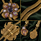 Detailed views of a Vintage-Inspired floral lariat necklace with purple glass accents and textured gold-tone chain.
