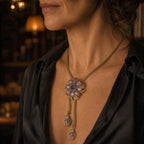 Side view of a woman wearing a Retro Style lavender floral lariat necklace with double drops.