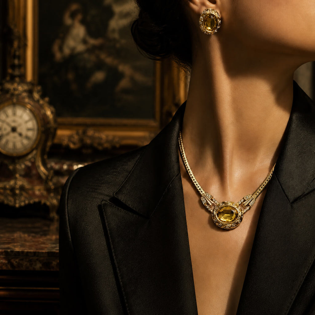 Model styled in an old money aesthetic wearing a gilded citrine choker necklace with a sharp black blazer.