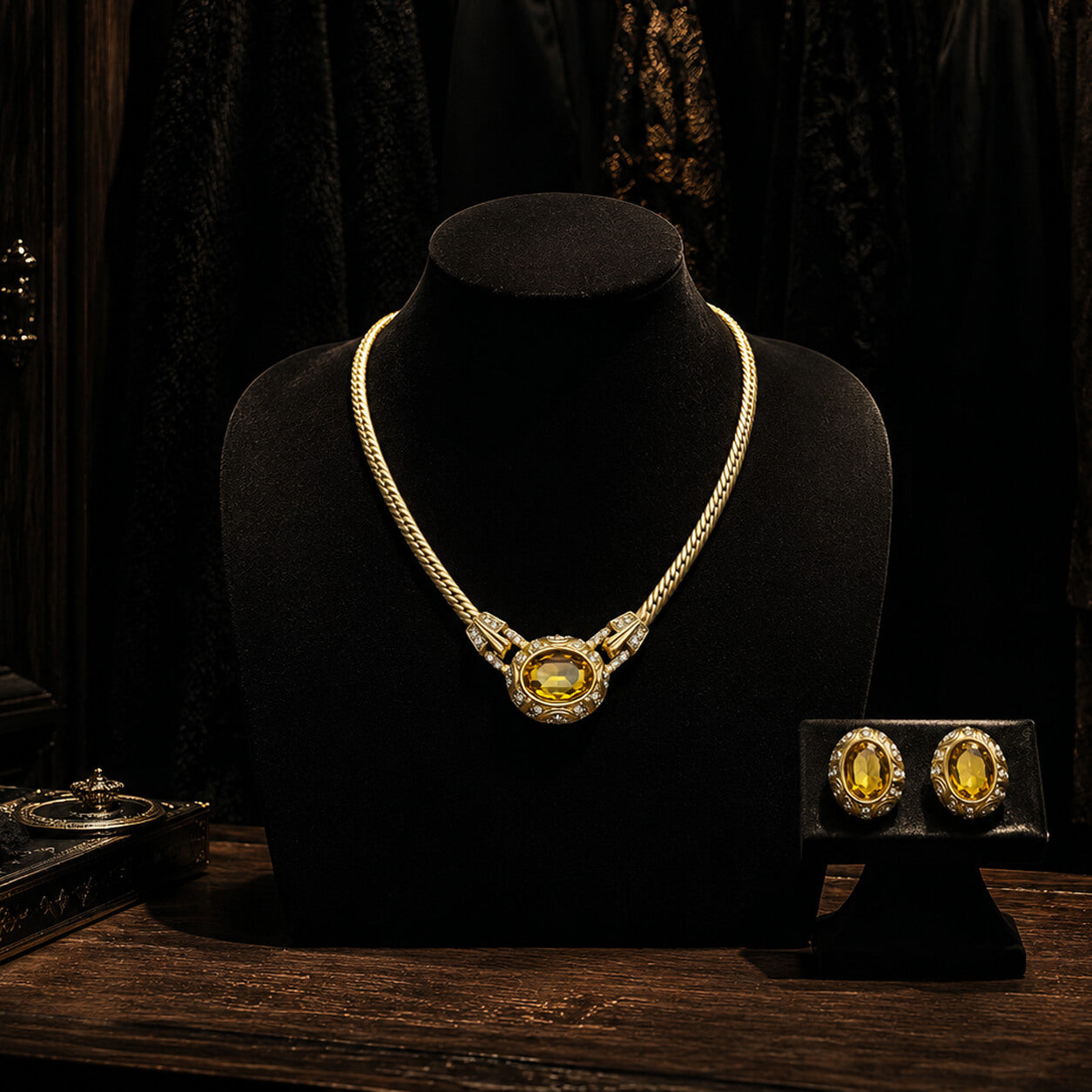 The complete Imperial Citrine necklace and earring set in 1980s aesthetic arranged on a black display bust.