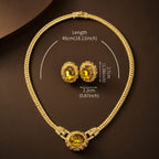 Detailed sizing and measurement chart for the retro style gold choker necklace 46cm and oval statement earrings.
