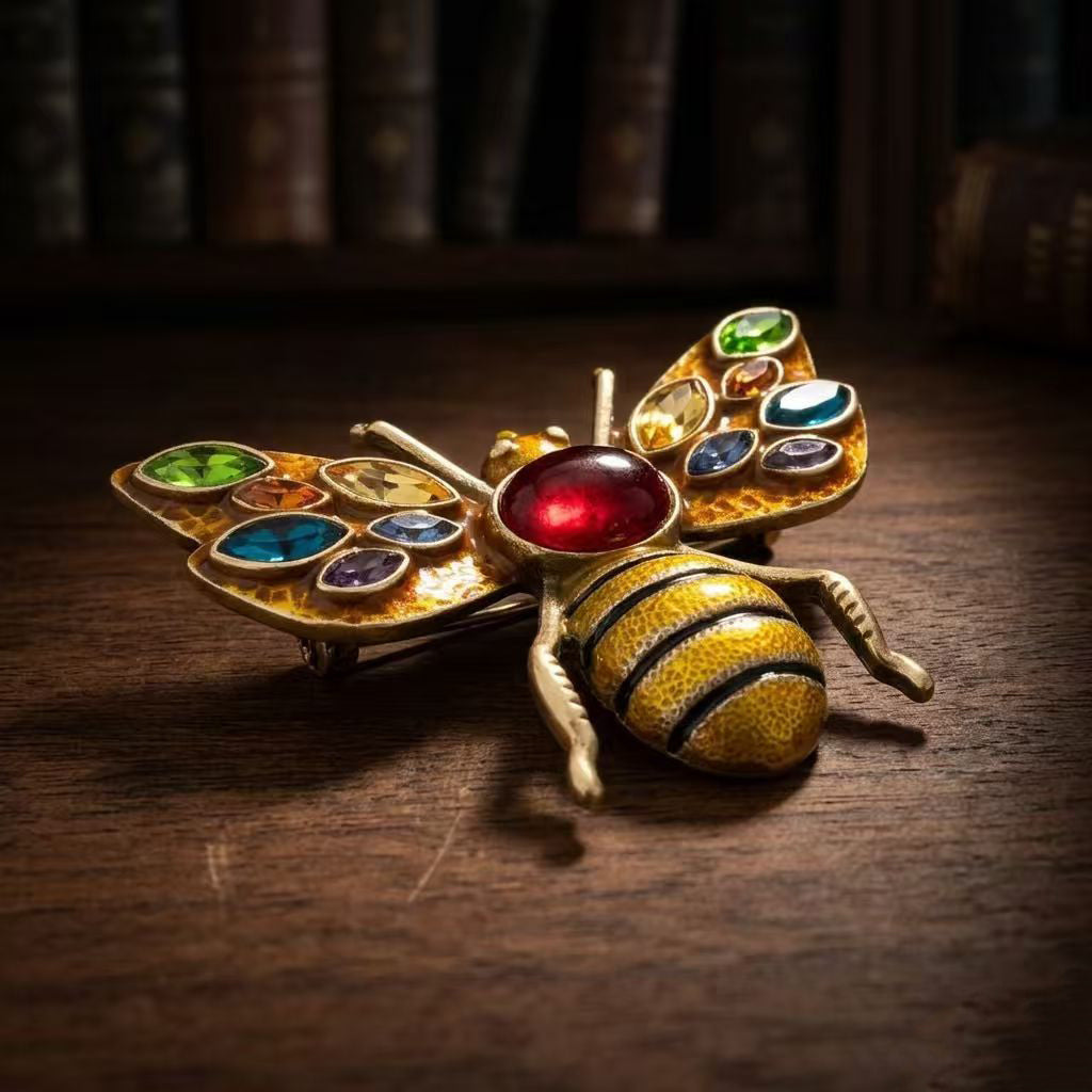Retro Style gold copper alloy bee brooch with multicolor synthetic gemstones on wood display