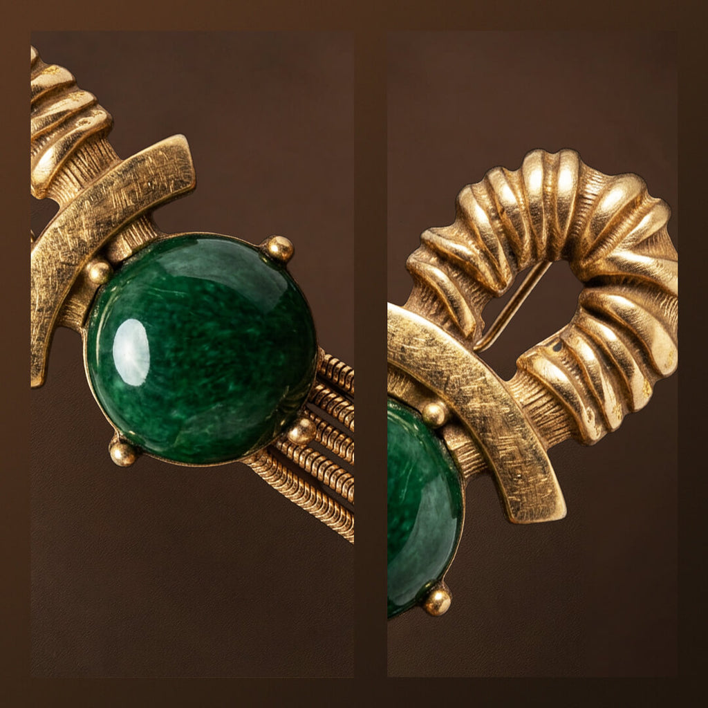 Macro details of the ribbed gold arch and emerald hue cabochon stone