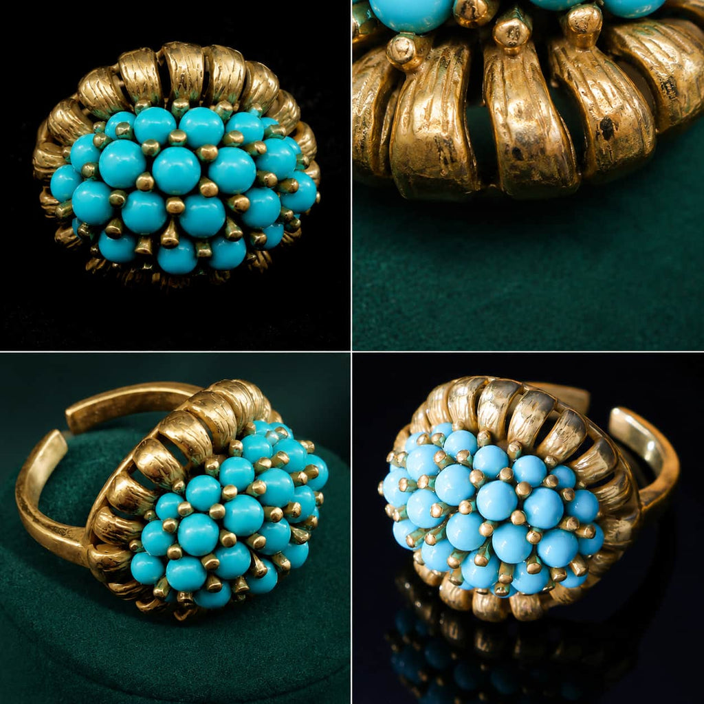 Close-up details of a Vintage-Inspired turquoise cluster ring with gold-tone texture and bead setting.