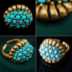 Close-up details of a Vintage-Inspired turquoise cluster ring with gold-tone texture and bead setting.