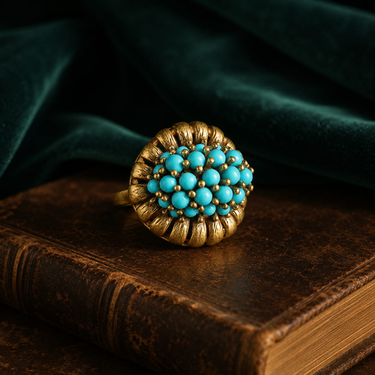 Vintage-Inspired turquoise cluster statement ring with a gold-tone setting on a dark vintage book.
