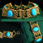 Close-up details of a Retro Style turquoise filigree bracelet with gold-tone links and faux pearl accents.