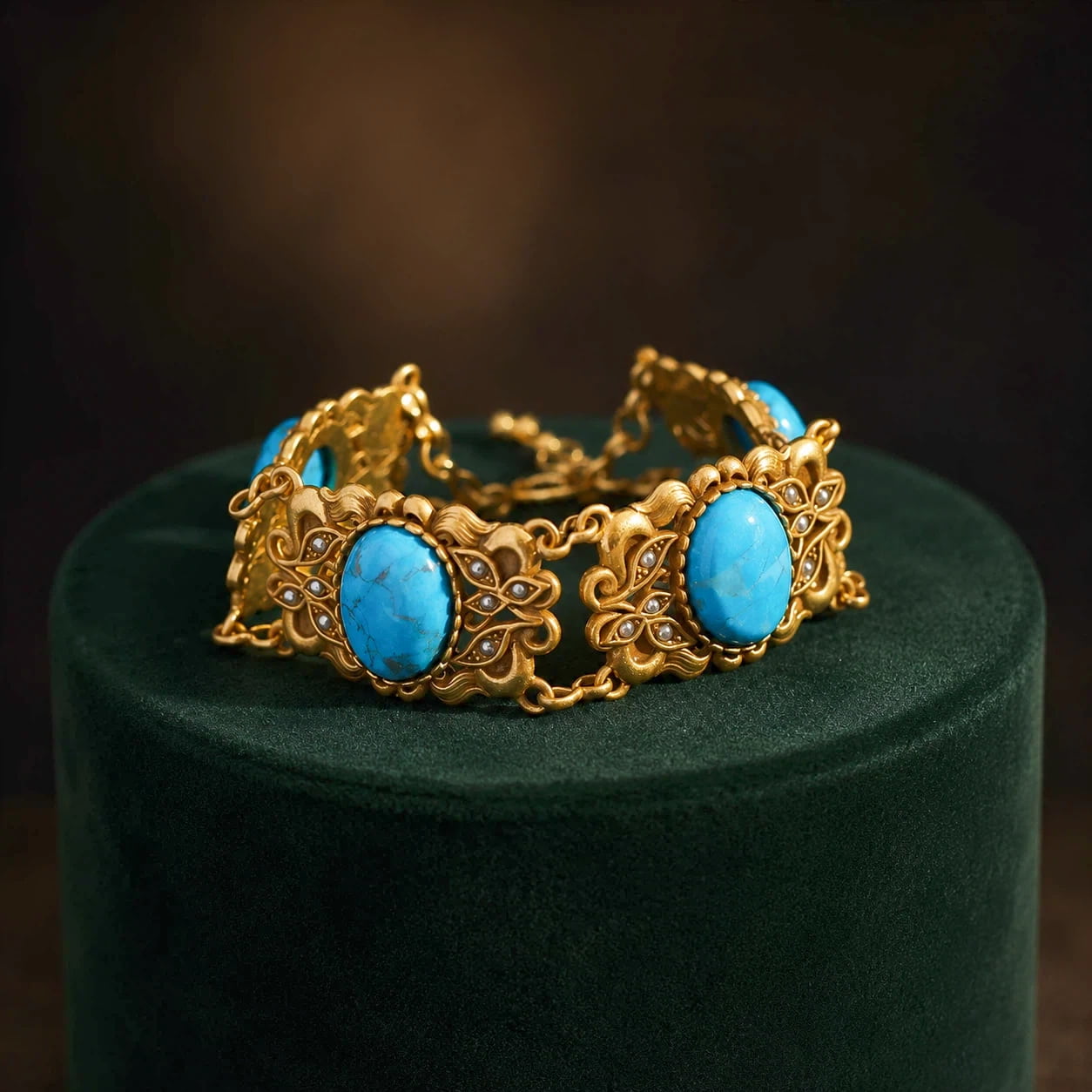 Vintage-Inspired turquoise filigree statement bracelet with gold-tone panels and faux pearl accents.