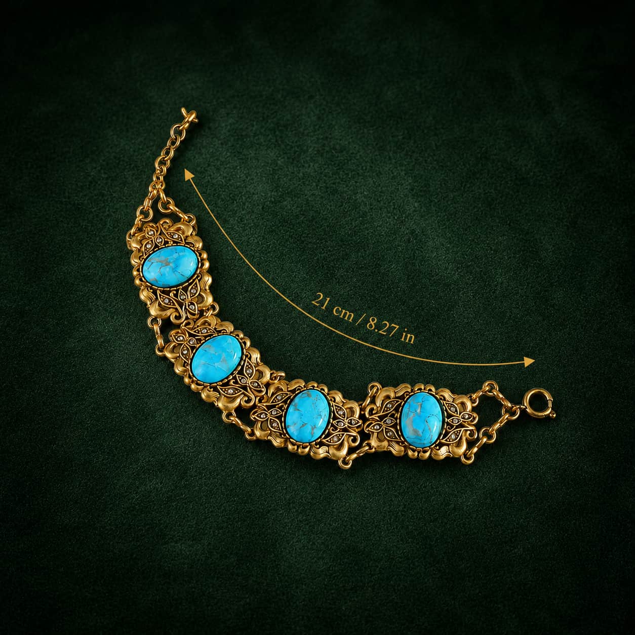 Vintage-Inspired turquoise filigree statement bracelet shown with a 21 cm length.
