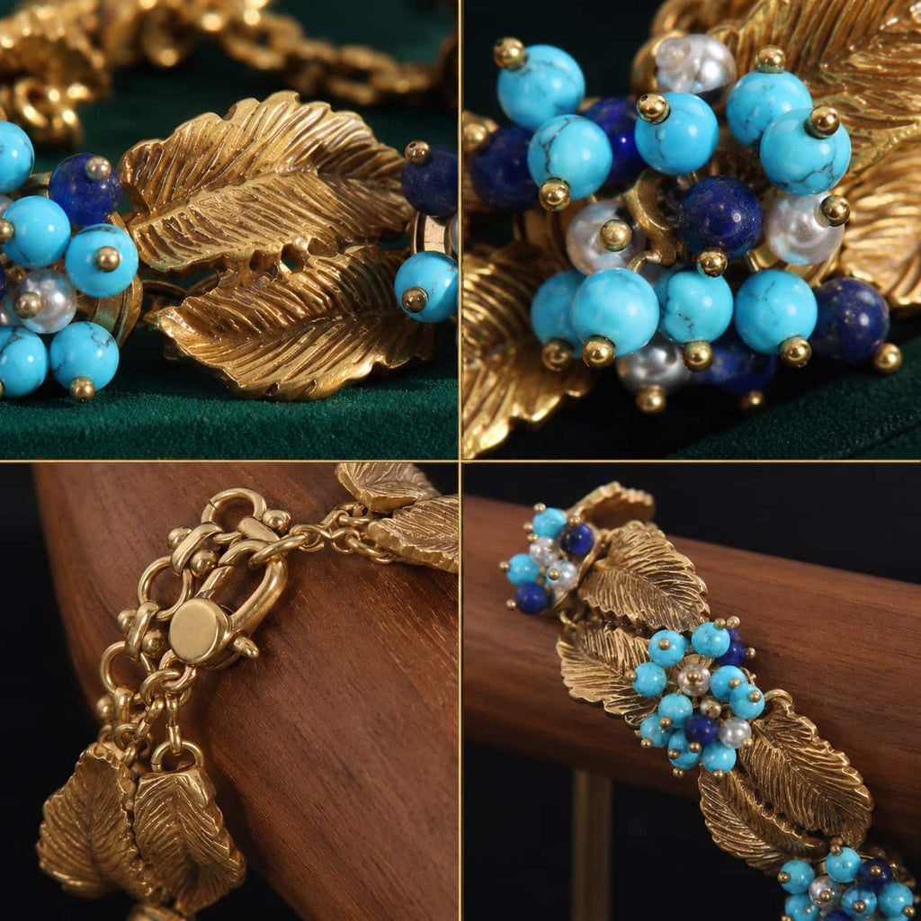 Close-up details of a Vintage-Inspired turquoise bracelet showing textured leaves, bead clusters, and chain closure.