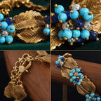 Close-up details of a Vintage-Inspired turquoise bracelet showing textured leaves, bead clusters, and chain closure.