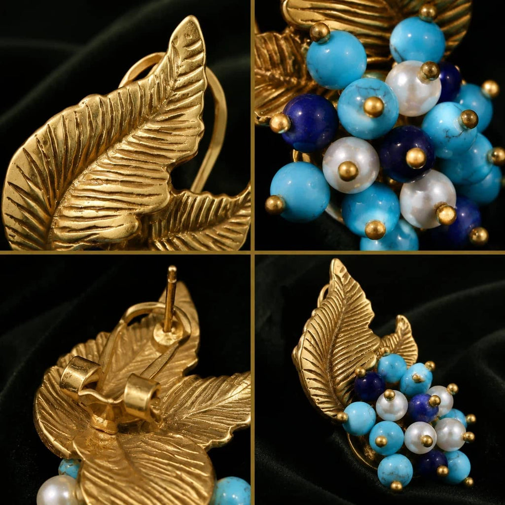 Detailed views of Vintage-Inspired turquoise leaf earrings showing bead clusters and post backings.