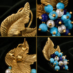 Detailed views of Vintage-Inspired turquoise leaf earrings showing bead clusters and post backings.