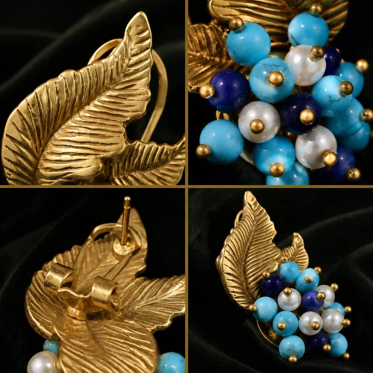 Detailed views of Vintage-Inspired turquoise leaf earrings showing bead clusters and post backings.