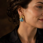 Close-up model view of Retro Style turquoise leaf earrings with gold-tone and pearl-like details.