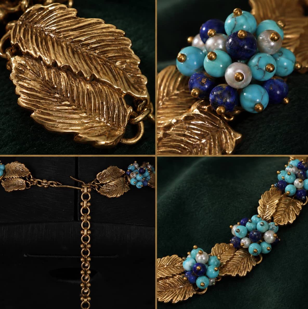 Close-up details of a Vintage-Inspired turquoise statement necklace with textured gold-tone leaves and clustered beads.