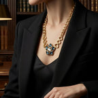 Alt Text: Model wearing a vintage-inspired chunky gold necklace with a large azure blue gemstone pendant, styled with a black tailored blazer for an Old Money aesthetic.