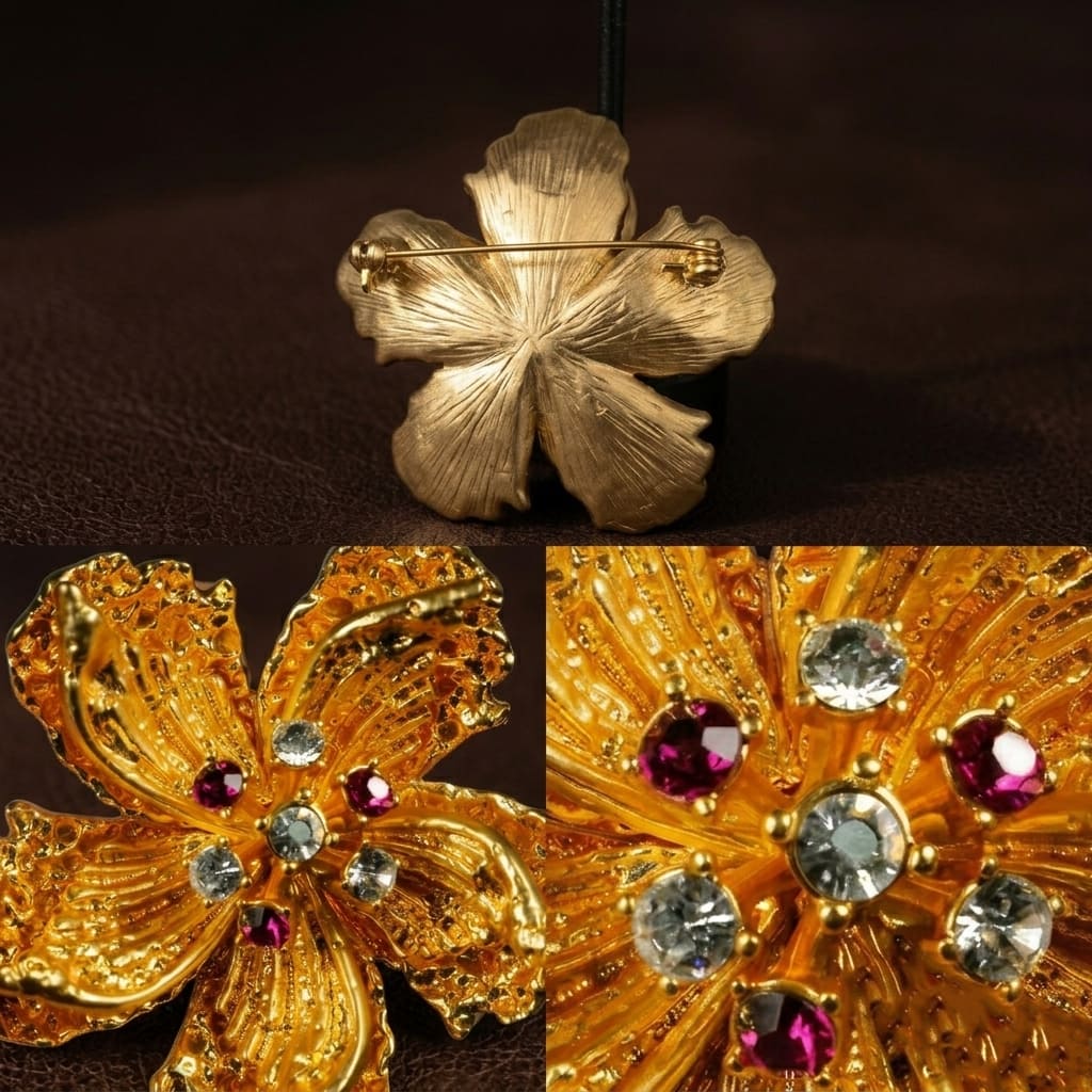 Vintage-Inspired gold alloy floral brooch with zircon accents, front detail and pin back